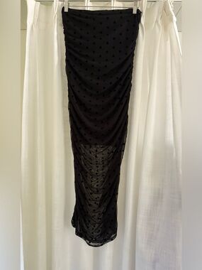 Black Polka Dot Midi Dress with Ruched Sheer Overlay